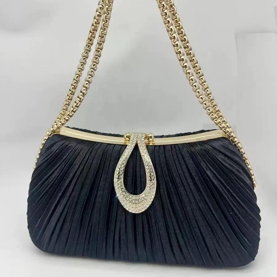 Gold Pleated Party Clutch with Gold Chain Strap